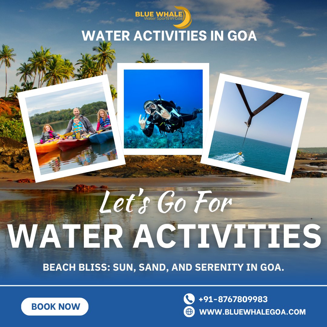 'Get ready for the ultimate adventure with Blue Whale Goa! 🌊 Dive into underwater worlds with scuba diving, soar with parasailing, paddle with kayaking, and ride the waves on a jet ski. Visit us at Baga Beach, Goa. Contact: +91-8767809983. Plan your adventure at 🌞🐳 #BlueWhale