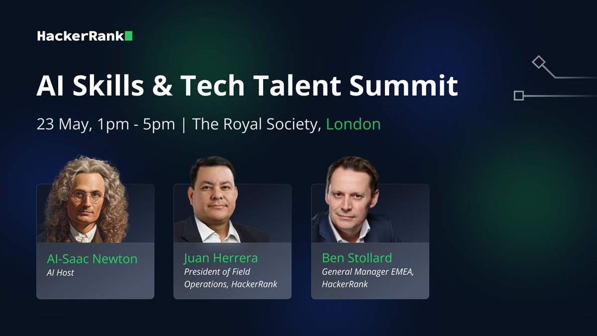 Gear up for a tech-tacular ride with Hung Lee, Andy Young, Alla Pavlova, Libby Cook, Juan Herrera, Ben Stollad, and Sir AI-Saac Newton at the AI Skills and Tech Talent Summit! Secure your spot now: hackerrank.com/resources/ai-s…