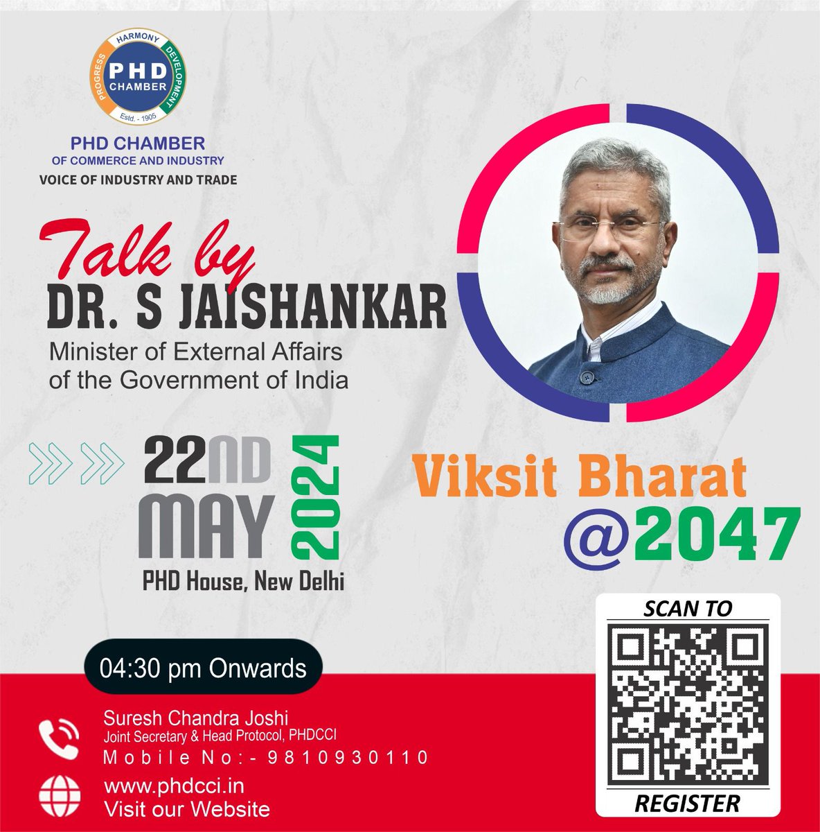 We are pleased to share that Dr. S. Jaishankar, the Hon’ble Minister for External Affairs of the Government of India, has graciously agreed to speak to the members of PHDCCI. Scan to register for the same! #phdcci #ministry #externalaffairs #interaction