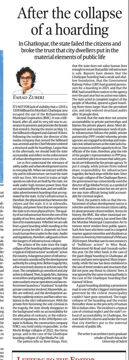 In @IndianExpress oped @zuberi_fahad reminds us of something we continue to overlook: the culpability of the State. After #ghatkoparhoardingcollapse the hoarding owner has been caught. But what about @mybmc and the wilful violation of its own regulations? (Contd)