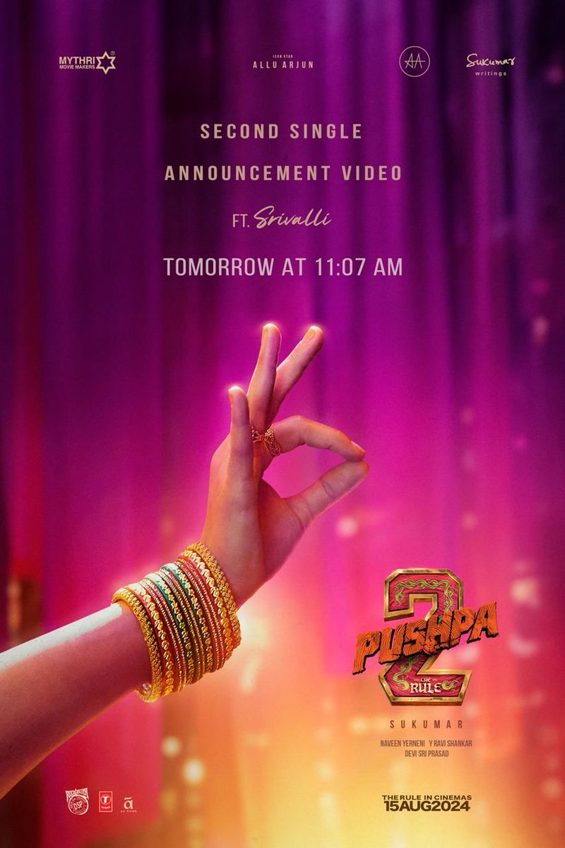 After the takeover by Pushpa Raj with #PushpaPushpa, it is time for The Couple, Srivalli along with her Saami to mesmerize us all ❤️‍🔥 #Pushpa2SecondSingle announcement tomorrow at 11.07 AM 💥💥 #Pushpa2TheRule Grand release worldwide on 15th AUG 2024. Icon Star @alluarjun
