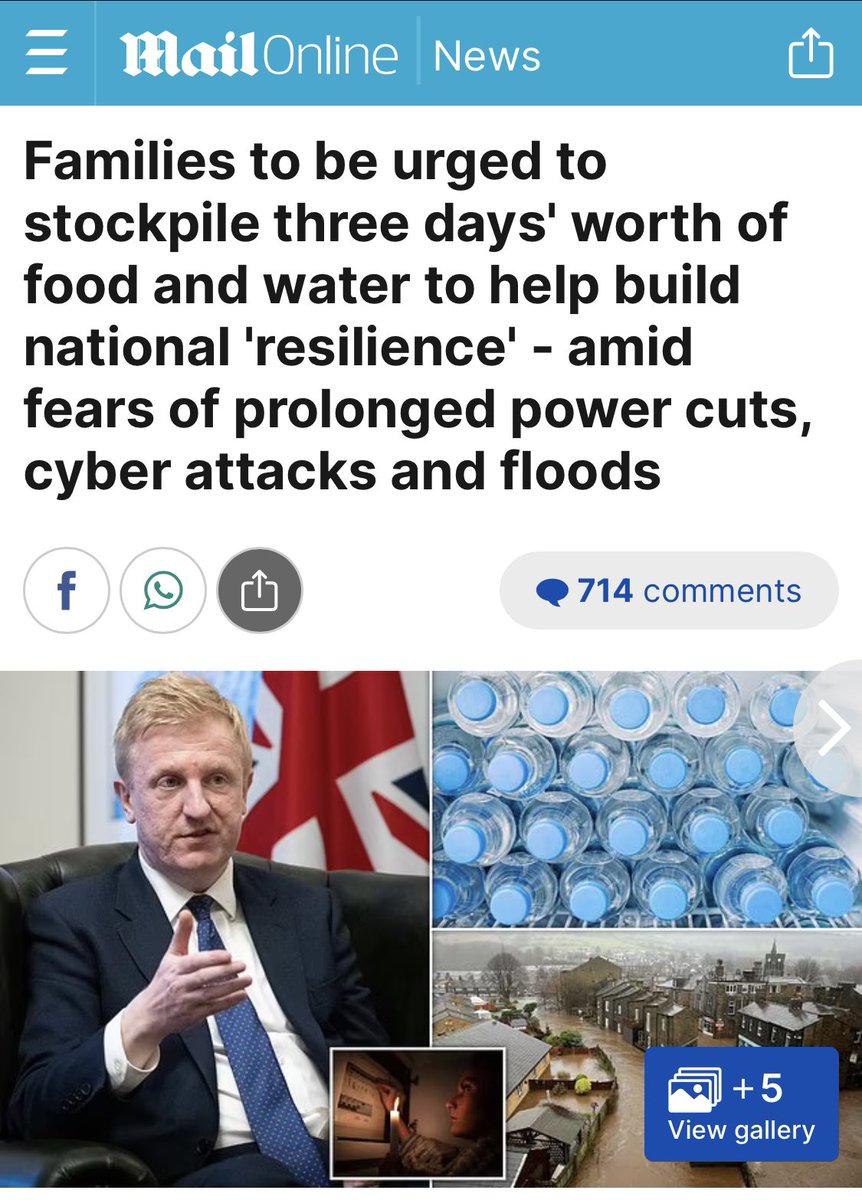 The deputy PM is urging british citizens to stockpile 3 days worth of food and water to help build ‘national resilience’ amid fears of prolonged power cuts, cyber attacks and floods. What do they know that we don’t?