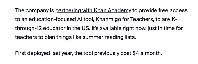 Microsoft, Khan Academy offer free AI assistant to all US teachers https://t.co/fBCjClmuk7 https://t