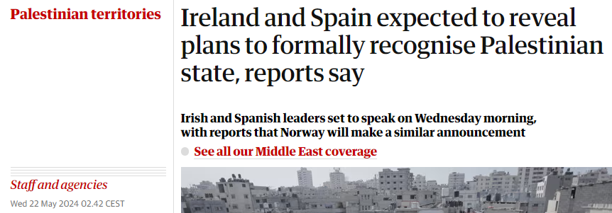 victorgdlv's tweet photo. Varios medios apuntan a que España e Irlanda anunciarán hoy de manera coordinada el reconocimiento del Estado de Palestina.

Irlanda lo haría a las 8:00 hora local, que serían las 9:00 en España (la hora en la que empieza el Pleno del Congreso). Noruega podría sumarse también. https://t.co/1jPmFcDn9Y