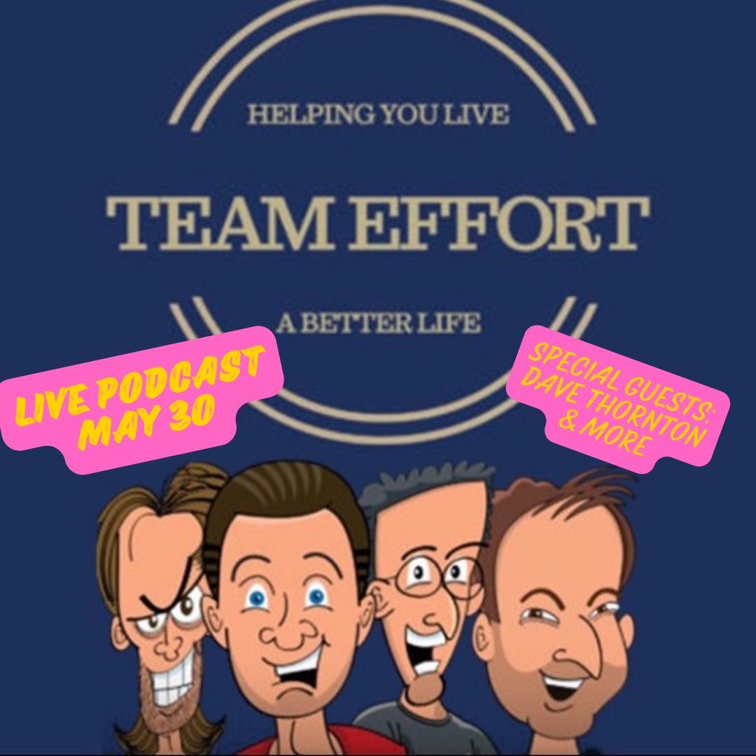 Team Effort Live Podcast May 30 - Join Ed Kavalee, Tony Martin, Ash Williams, Lehmo, Dave Thornton &amp; Ash’s Intern, Edwin (yes, he's a real person!) Get tix below and let the Team Effort help you live a better life. Results may vary. 
rb.gy/27a1d9
<a href="/mrtonymartin/">Tony Martin</a> <a href="/lehmo23/">Lehmo</a>