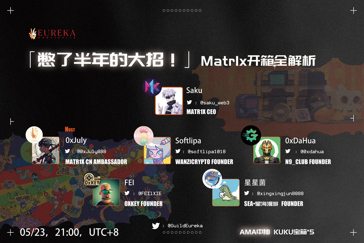 AMA预告：@guildeureka x <a href="/Matr1x_io/">MATR1X</a>

Matr1x：憋了半年的大招！Matr1x开箱全解析

⏰时间：2024年5月23日晚上9点
🔗Space:x.com/i/spaces/1YpKk…

🙍嘉宾：
Saku：Co-founder &amp; CEO of Matr1x <a href="/saku_web3/">saku</a>
Softlipa：Founder of WanziCrypto <a href="/softlipa1018/">Lipa🍡（专注投研版</a>
0xDaHua：Founder of N9_Club <a href="/0xdahua/">0xdahua｜大华</a>