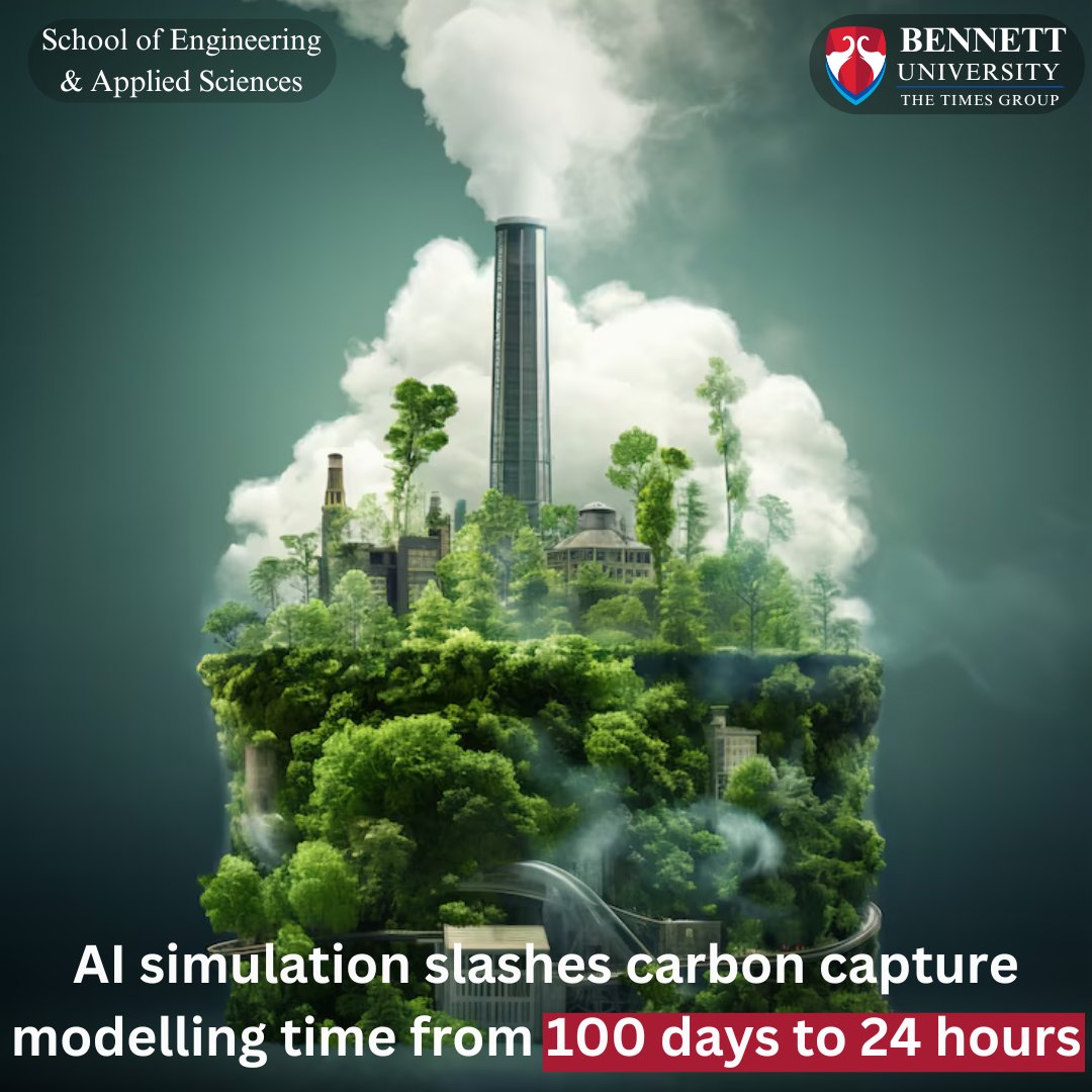 #ClimateTech breakthrough! AI cuts CCS modeling time by 90%. Capturing CO2 from factories just got faster & cheaper, making it a realistic option for steel, cement & chemicals. 

#AIforGood #SaveThePlanet #NetZeroFuture #BennettUniversity
