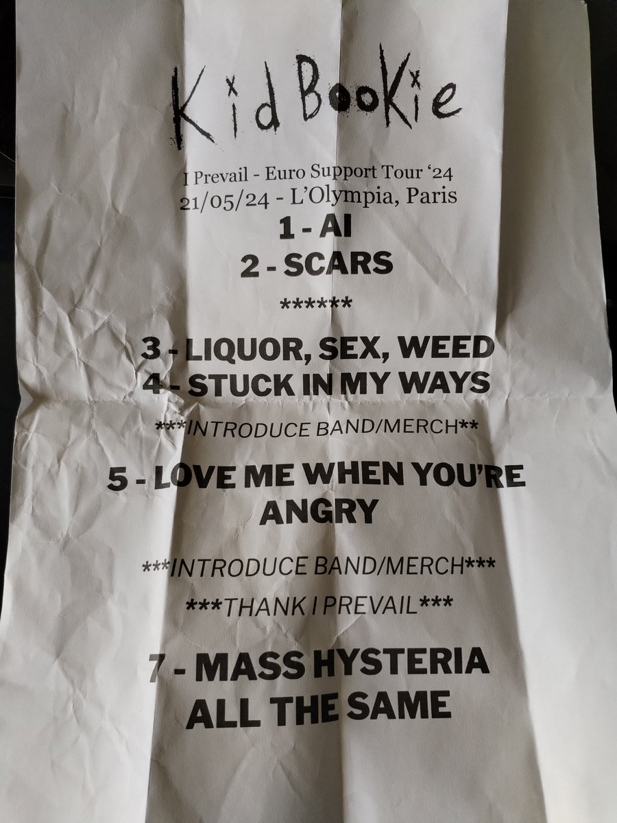 Le concert de I Prevail, Set It Off et Kid Bookie à l'Olympia = 🤘🔥💥🖤✖️🇫🇷🎸
Sinon j'ai eu la setlist de <a href="/kidbookie/">fuck it</a> grâce à un monsieur tout gentil qui était vers le devant🥺🖤 si quelqu'un ou si cette personne se reconnaît, faites moi signe svp car je voudrais la remercier...