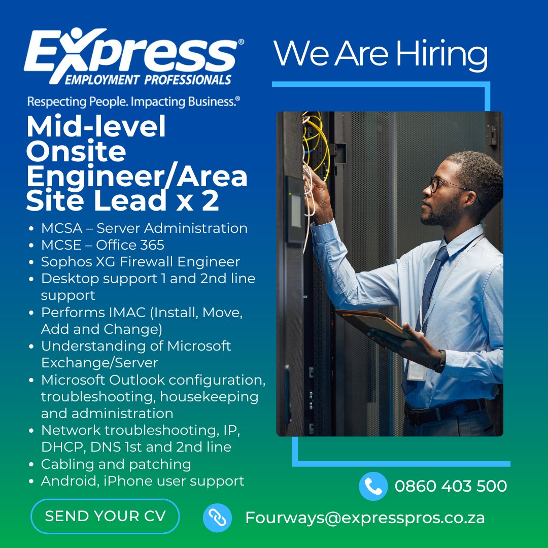 🌟 NEW VACANCY ALERT! 🌟
Position:  Mid-level Onsite Engineer x 2
Location: Sunninghill
Apply Now!
📧 Email: Fourways@expresspros.co.za
📞 Tel: 0100356595
#HiringMidlevelOnsiteEngineers #ServiceTechnologyJobs #ITIndustry
#TechnicalJobs #JobOpportunity #ExpressProsFourways