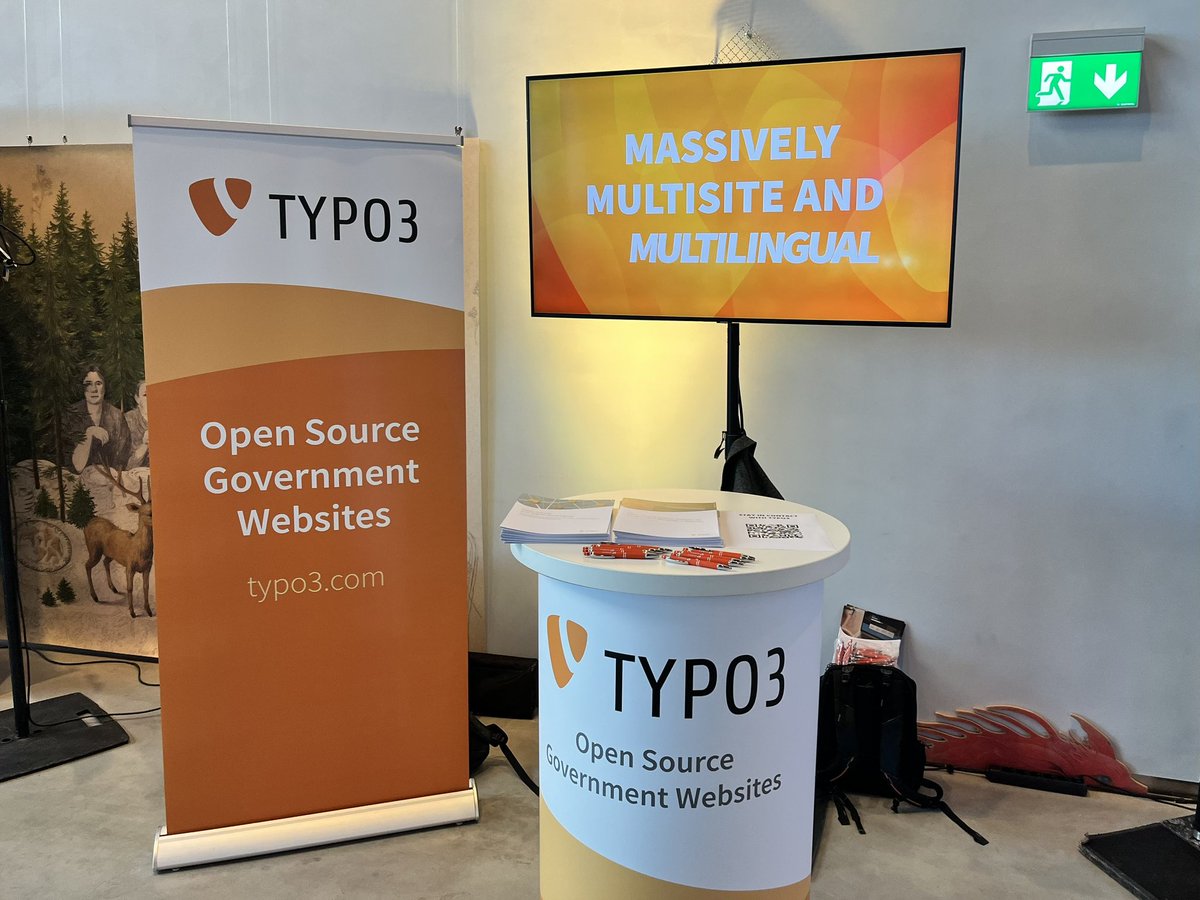 The #TYPO3 booth is ready for the first visitors — including a super-cool animation on the big screen! #egov2024 #Tartu #Estonia #OpenSource #MeetTYPO3 @typo3