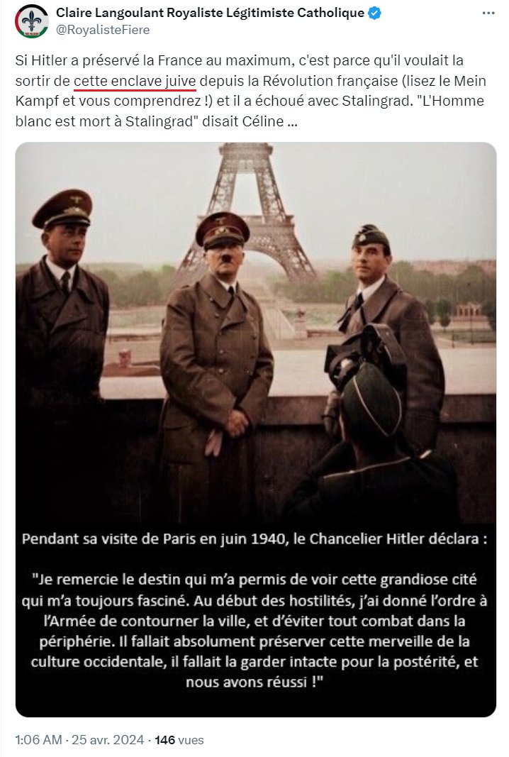 Hébétée à l'extrême par son obsession de la légitimation de la dhimmitude dans laquelle elle se plaît, Claire Langoulant (@RoyalisteFiere) que la justice manque à condamner réellement continue de tweeter antisémitiquement. 
Comment se fait-il qu'elle en ait encore la liberté ?