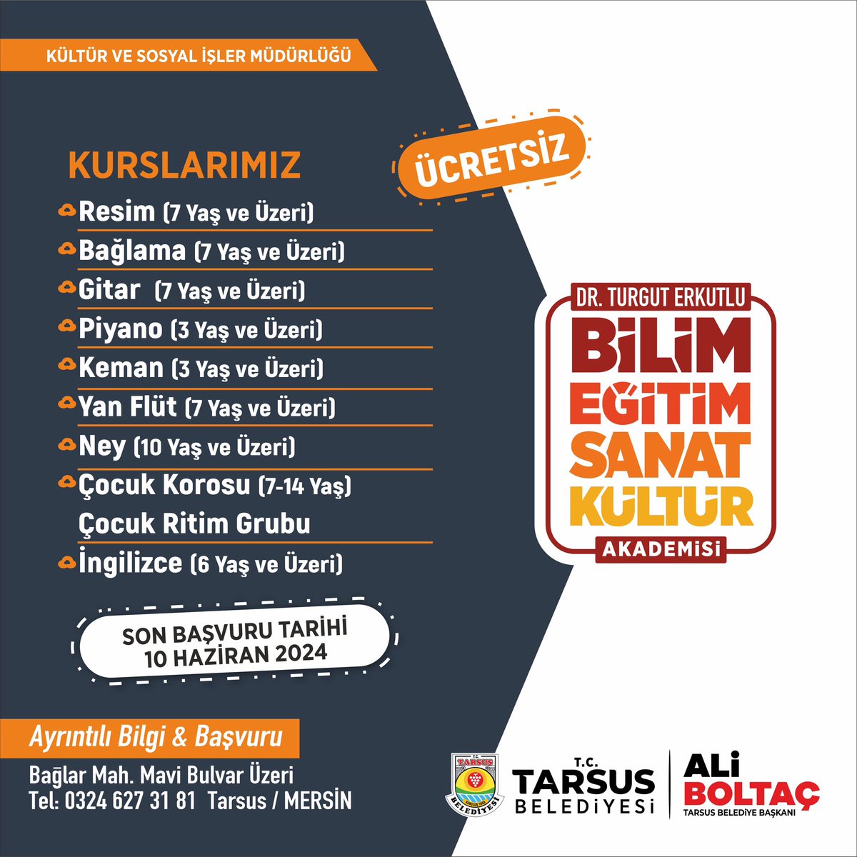 Dr. Turgut Erkutlu Bilim Eğitim Sanat Kültür Akademisi’nde ücretsiz kurs kayıtlarımız başladı. 🎉 Son Başvuru Tarihi👇🏻 10 Haziran 2024 Bilgi & Başvuru 👇🏻 👉🏻Dr. Turgut Erkutlu Bilim Eğitim Sanat Kültür Akademisi - 0324 627 31 81