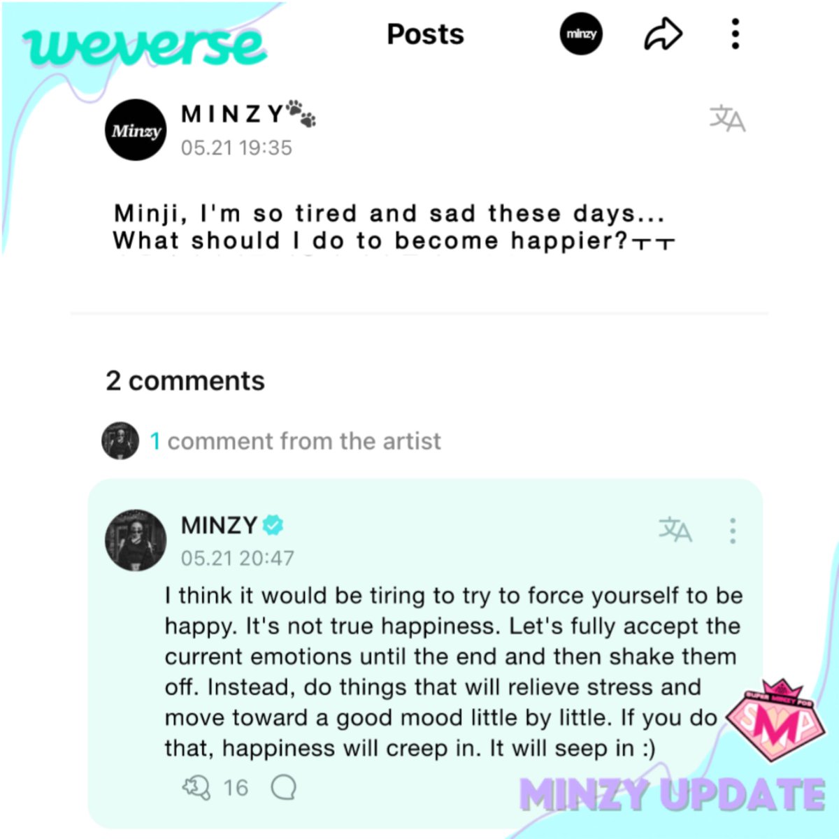 SuperMinzyPos's tweet photo. @mingkki21 @krungy21 [READ] 2/4 Minzy recently interacts with her fans on Weverse🤗🩵

Get more closer to Minzy by joining her fan community  &amp; express your love by writting her a Fan letter on Weverse🤗
🔗 https://t.co/v2zIsR8fjW 

@mingkki21
#Minzy #공민지 #2ne1 #Mzent #POS #Blackjack #MinzyUpdate https://t.co/vPPWlSndiY