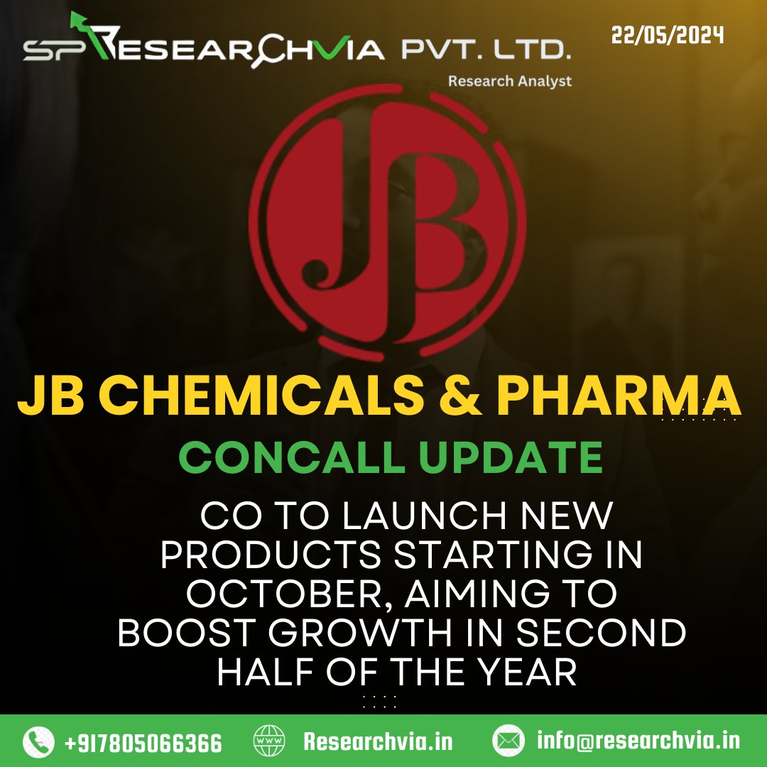 Researchvi54697's tweet image. 🔔Key updates from JB Pharma &amp;amp; Chemical's conference call. 💊📉📈 #ConcallUpdate #JBPharma #FinancialNews #InvestorInsights #ResearchViaDewas #Researchvia #growthstocks #Updatednews #todaysnewsUpdates #InternationalNews #IndianMarketUpdates #quartarlymarketupdates