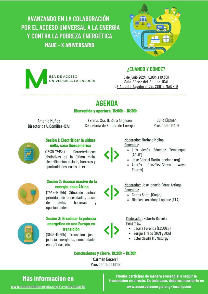 IIT_Comillas's tweet photo. La Mesa de Acceso Universal a la Energía, a la que pertenece @IIT_Comillas @Comillas_ICAI @UCOMILLAS, celebra una jornada sobre el #accesouniversal a la #energía y contra la #pobrezaenergética.
¡Regístrate ya!📝https://t.co/2wI1AVdsaZ
#MAUE #XAniversarioMAUE https://t.co/JJxgu52y6v
