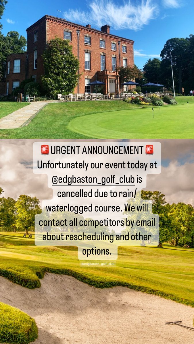 🚨URGENT ANNOUNCEMENT🚨 Our event today at @Edgbaston_GC has been cancelled due to rain/waterlogged golf course. All competitors will be contacted by email regarding rearrangement or other options.