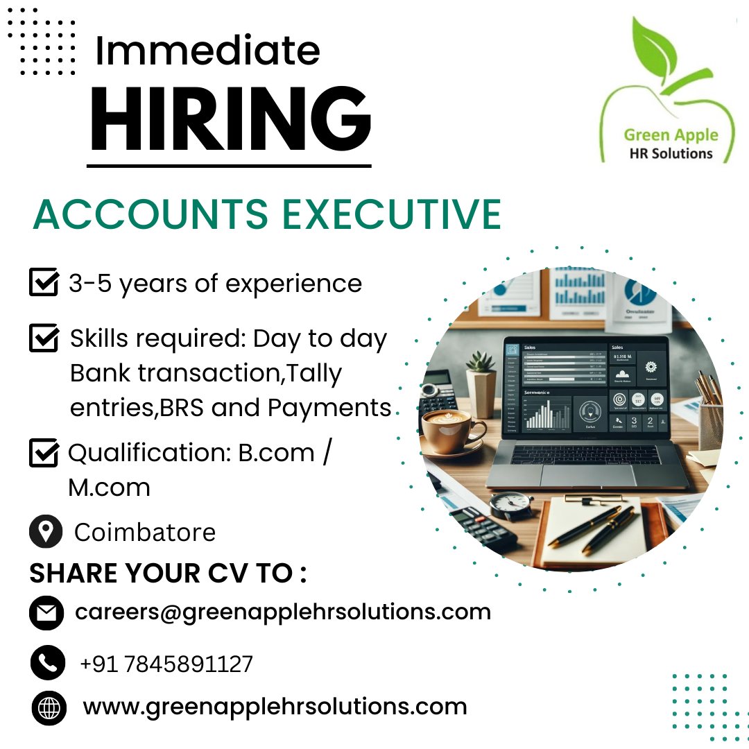 We are looking for ACCOUNTS EXECUTIVE with 3 - 5 years of experience.
#greenapplehrsolutions #recruitmentagency #jobconsultancy #jobs2024 #hiring #accountexecutive #opentowork #jobvacancy #hiringnow