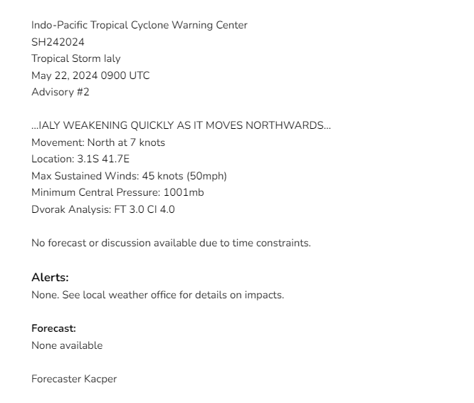 IPTCWC's tweet photo. Moderate Tropical Storm #Ialy Advisory 2: Ialy weakening quickly as it moves northwards. Max sustained winds are at 45 knots (50mph). Interests in #Kenya and southern #Somalia should pay attention to this system as it nears the coast. Click below for more information. https://t.co/VuEg7pljzS