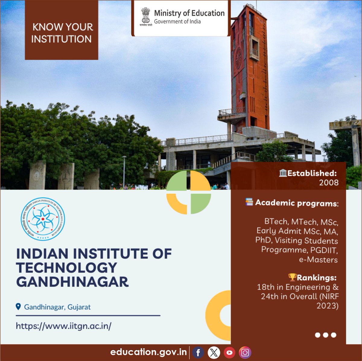 Know about the HEIs of India! Established in 2008, the Indian Institute of Technology Gandhinagar (IITGN) engages in cutting-edge research addressing global challenges and offering a holistic approach to engineering education. Situated on the banks of the Sabarmati River and