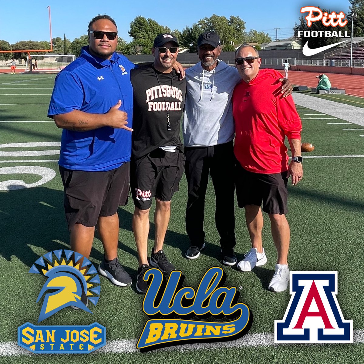 Three of the best defensive minds on the west coast at practice today! Thank you @CoachBojay @SanJoseStateFB, @brian_ohana5 @UCLAFootball, and @CoachGonz @ArizonaFBall for visiting Pirate Stadium today! #HoistTheColors🏴‍☠️ #100YearsOfWinning #WhosNext #ramPITTup 🏴‍☠️🏈🅿️🌎🏈🏴‍☠️