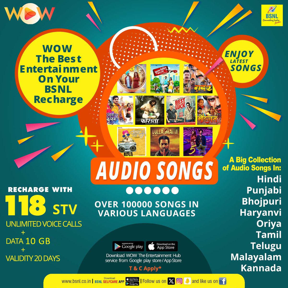 Revitalize your entertainment experience with #BSNL's recharge voucher ₹118/- and dive into a world of over 100,000 songs in multiple languages on #Wow! #RechargeNow: bit.ly/plan118 (For NZ,WZ & EZ), bit.ly/118SZ (For SZ) #WowEntertainment #BSNLRecharge