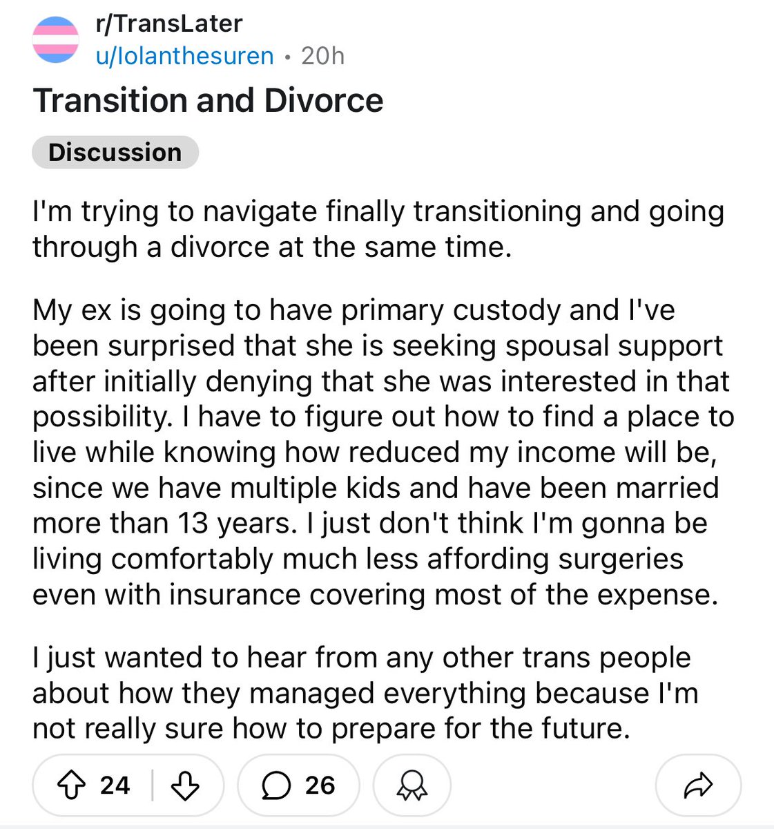 Man “tr&nsitions” and tears apart his 13 year marriage when he has multiple kids. Wife takes him to the freaking cleaners and now he can’t even afford his gender surgeries LOLOLOL 😂