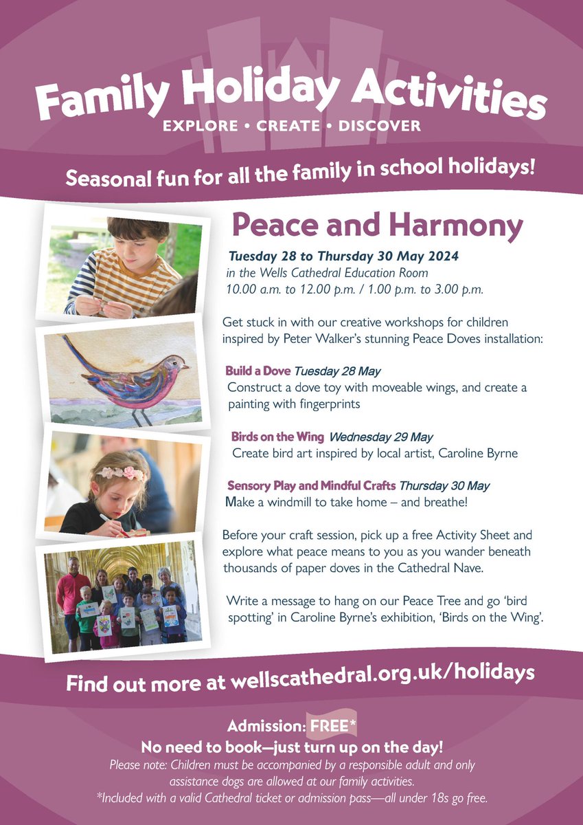 Wells Cathedral (@wellscathedral1) on Twitter photo 🕊️ Family Holiday Activities - Peace & Harmoney 🕊️
🗓️ Creative workshops for children Tuesday 28th – Thursday 30th May 10.00 am - 12.00 pm / 1.00 pm - 3.00 pm in the Education Room.
wellscathedral.org.uk/outreach-learn….
#wellscathedral #wellssomerset #visitwells #visitsomerset <a href="/VisitWells/">Visit Wells</a> 🕊️ Family Holiday Activities - Peace & Harmoney 🕊️
🗓️ Creative workshops for children Tuesday 28th – Thursday 30th May 10.00 am - 12.00 pm / 1.00 pm - 3.00 pm in the Education Room.
wellscathedral.org.uk/outreach-learn….
#wellscathedral #wellssomerset #visitwells #visitsomerset <a href="/VisitWells/">Visit Wells</a>