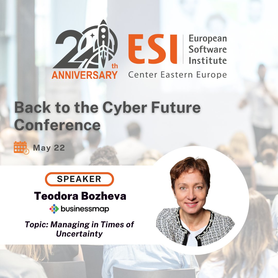 🌟 Today <a href="/tbozheva/">Teodora Bozheva</a> will participate as a speaker at the Back to the Cyber Future Conference organized by European Software Institute - Center Eastern Europe (ESI CEE) for its 20th Anniversary 🌟
> b2cf.eu/agenda

#projectmanagement #event #ESICEE #businessagility #event