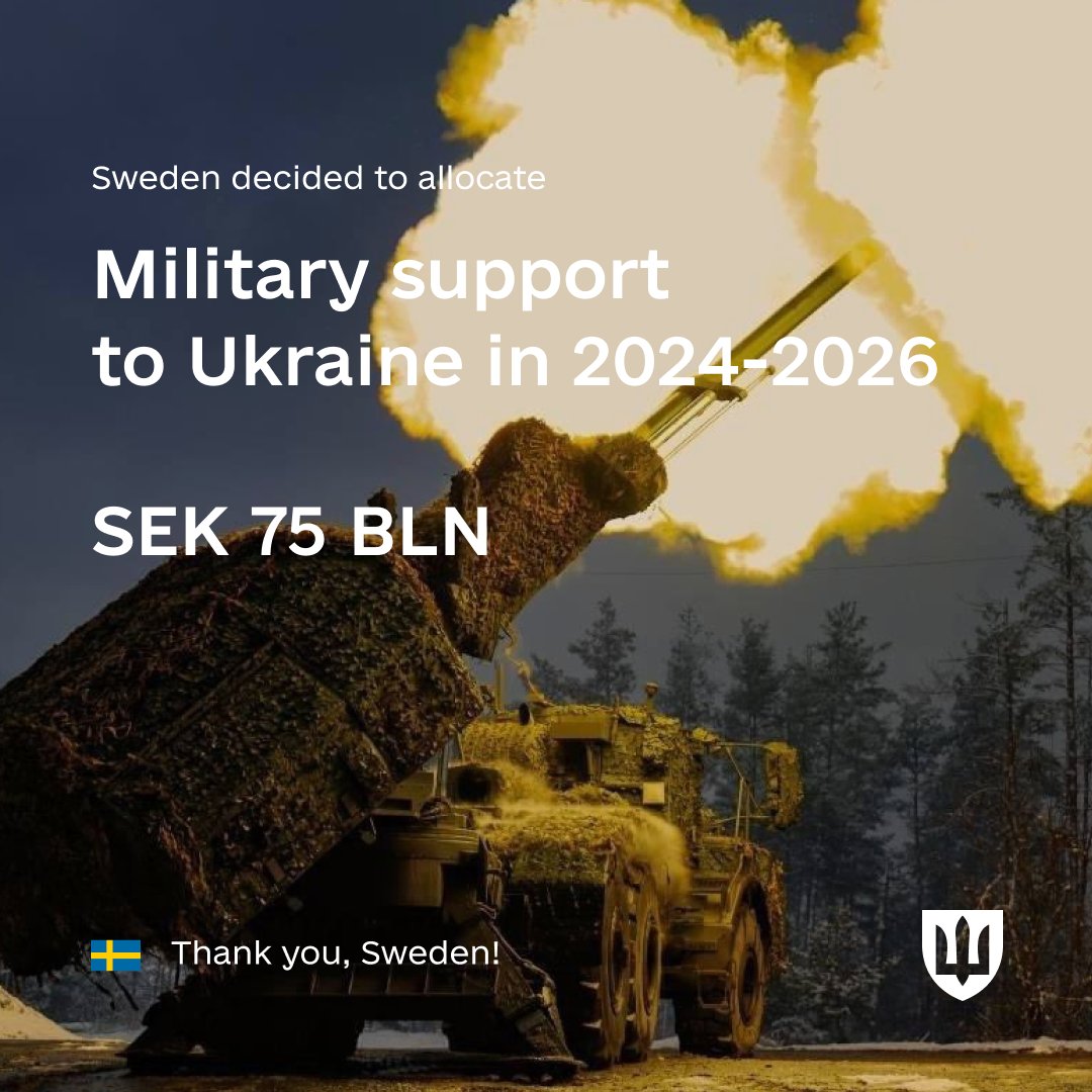 The Swedish government decided to allocate 75 billion SEK (€6,5 billion) for military support to Ukraine in 2024–2026.
Such long-term support will help strengthen our defense capabilities.
We are grateful to our Swedish partners.
Together, we are stronger!
🇺🇦🤝🇸🇪
@ForsvarsdepSv