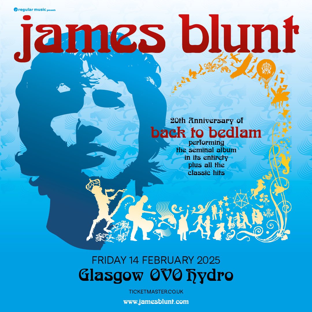 JUST ANNOUNCED/// @JamesBlunt celebrates the 20th anniversary of Back to Bedlam at @OVOHydro on Friday 14 February 2025 💕 Tickets 🎟️ on general sale Friday 31 May at 10am.