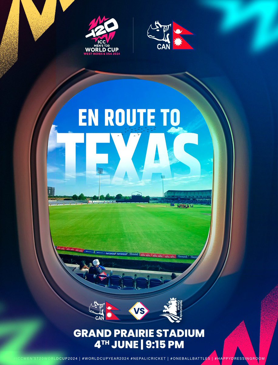 🏏 En Route to Texas! 🇳🇵✈️

The #Rhinos are ready to make their mark on the world stage as they kick off their World Cup journey against the Netherlands 🇳🇱.

See you there on June 4th at Grand Prairie Stadium, 9:15 PM! 

#OutOfThisWorld | #WorldCupYear2024 | #NepalCricket |