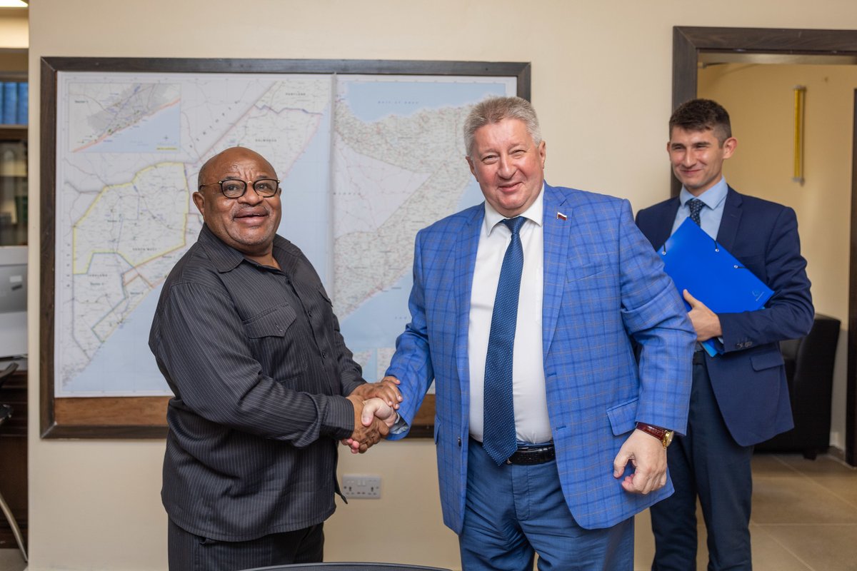 ATMIS_Somalia's tweet photo. On Tuesday in #Mogadishu, the SRCC & Head of #ATMIS, Amb. @souefmo_elamine, met with Russian Ambassador to #Djibouti and #Somalia, H.E Mikhail Golovanov, to discuss Somalia’s security, #ATMISDrawdown, post-ATMIS security plans & the recent National Consultative Council (NCC) forum.