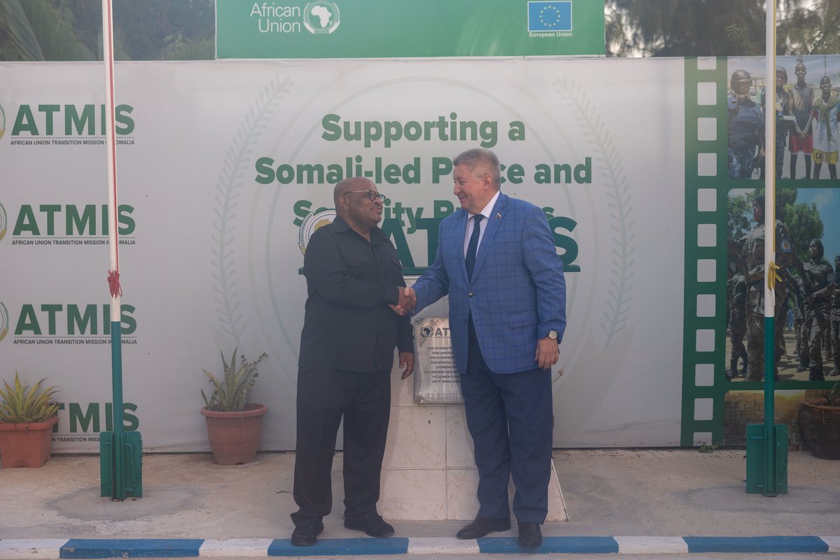 ATMIS_Somalia's tweet photo. On Tuesday in #Mogadishu, the SRCC & Head of #ATMIS, Amb. @souefmo_elamine, met with Russian Ambassador to #Djibouti and #Somalia, H.E Mikhail Golovanov, to discuss Somalia’s security, #ATMISDrawdown, post-ATMIS security plans & the recent National Consultative Council (NCC) forum.