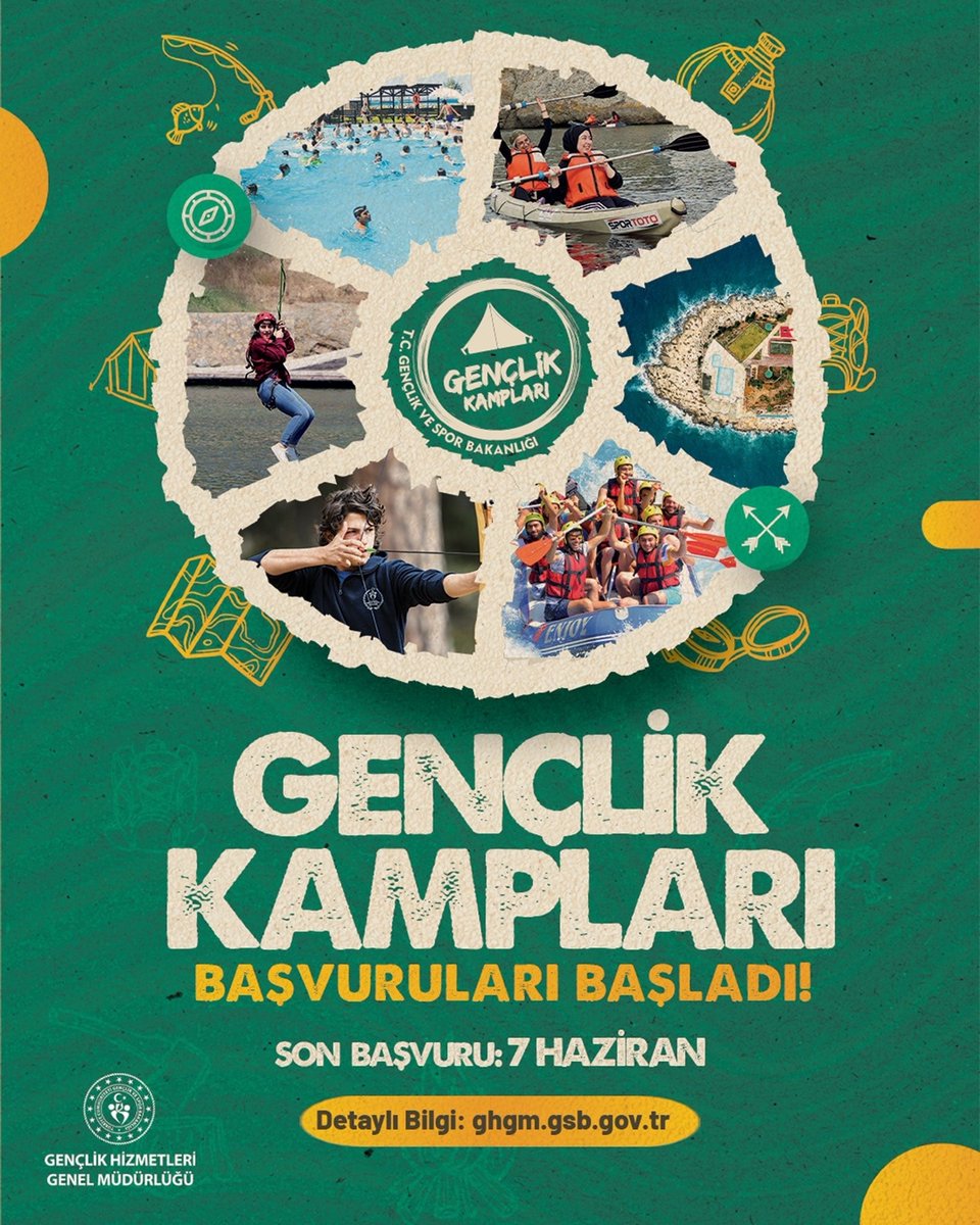 Gençlik Kampları başvuruları başladı! 🏕️

Yeni dostluklar kurmaya ve unutulmaz anılar biriktirmeye hazır mısın?

Başvuru ve detaylı bilgi için ➡️ ghgm.gsb.gov.tr
Son başvuru tarihi 
⏳ 7 Haziran 🏕️