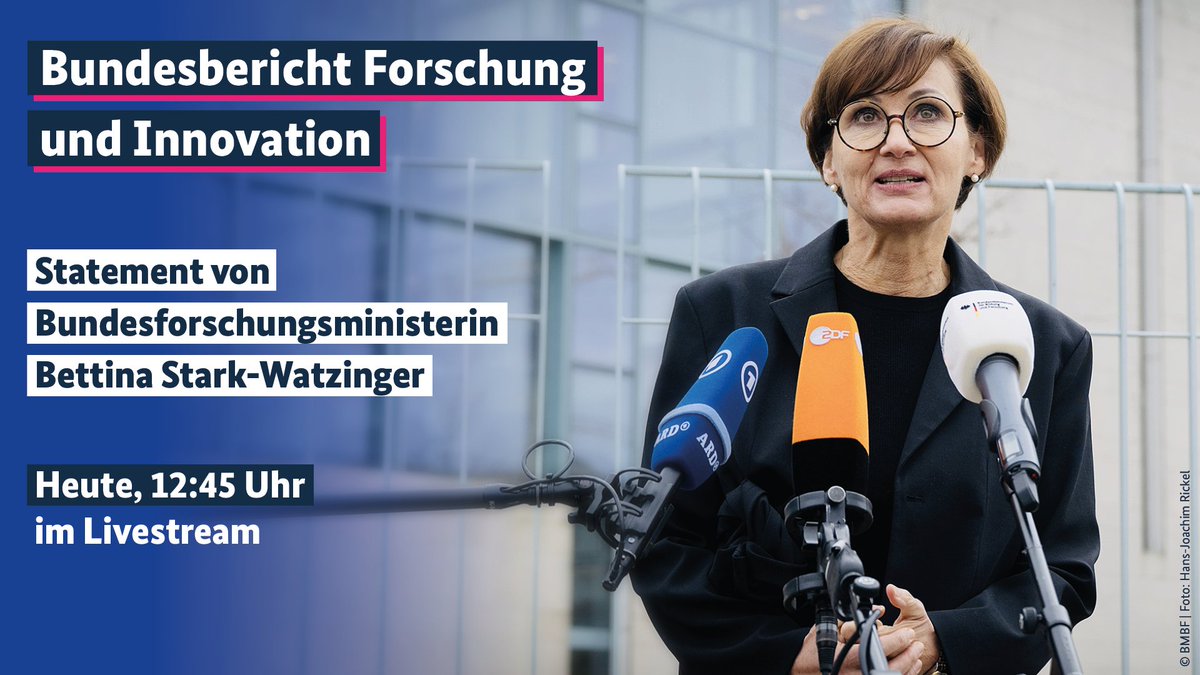 Der Bundesbericht #Forschung und #Innovation ist da! Bundesforschungsministerin @starkwatzinger gibt dazu heute Mittag ein Live-Statement: ⏰ 12:45 Uhr 🌐 bmbf.de/livestream und hier auf X. #BuFI