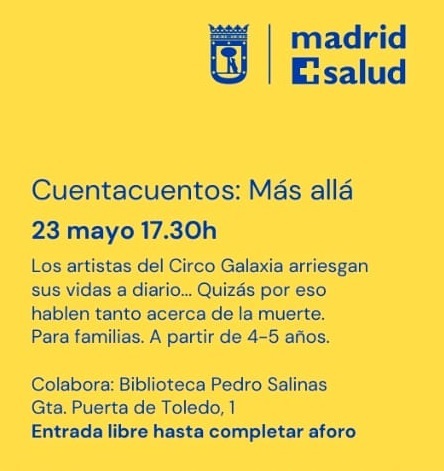 La Biblioteca Pedro Salinas y @madridsalud nos invitan, a través del cuentacuentos 📖 'Más allá', a que los pequeños de la casa se acerquen al duelo a través de historias del Circo Galaxia. 🗓23 de mayo 🚩Glorieta Puerta de Toledo, 1 ⏰17:30 Gratuito.