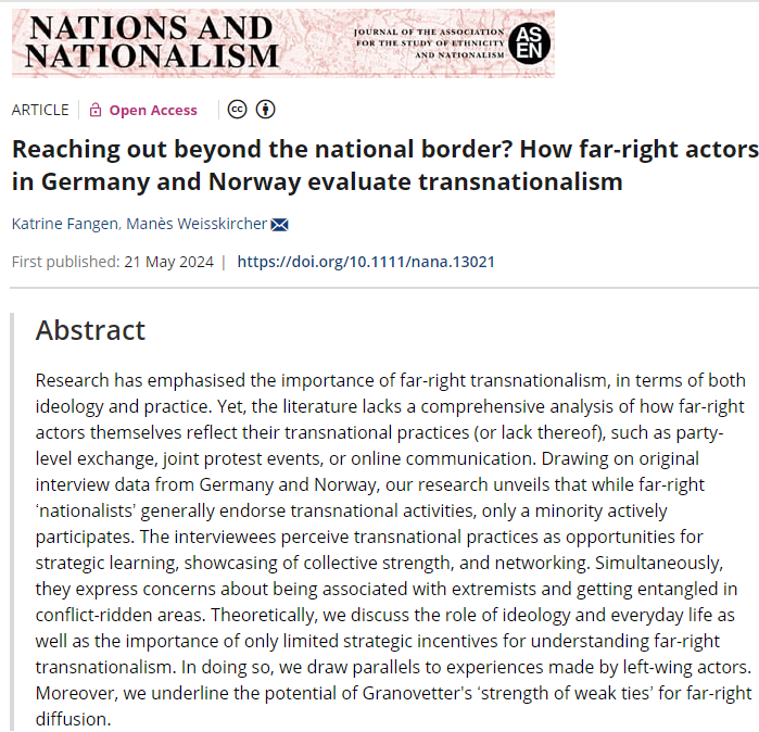 Manès Weisskircher (@manesweissk) on Twitter photo 🚨 New publication!
@katrif & I are glad to share 'Reaching out beyond the national border? How far-right actors in Germany and Norway evaluate transnationalism' - out in <a href="/n_nationalism/">Nations & Nationalism</a>. We hope it's of interest to some of you. 📚
onlinelibrary.wiley.com/doi/full/10.11… <a href="/CrexUiO/">C-REX (@crexuio.bsky.social)</a> #openaccess 🚨 New publication!
@katrif & I are glad to share 'Reaching out beyond the national border? How far-right actors in Germany and Norway evaluate transnationalism' - out in <a href="/n_nationalism/">Nations & Nationalism</a>. We hope it's of interest to some of you. 📚
onlinelibrary.wiley.com/doi/full/10.11… <a href="/CrexUiO/">C-REX (@crexuio.bsky.social)</a> #openaccess
