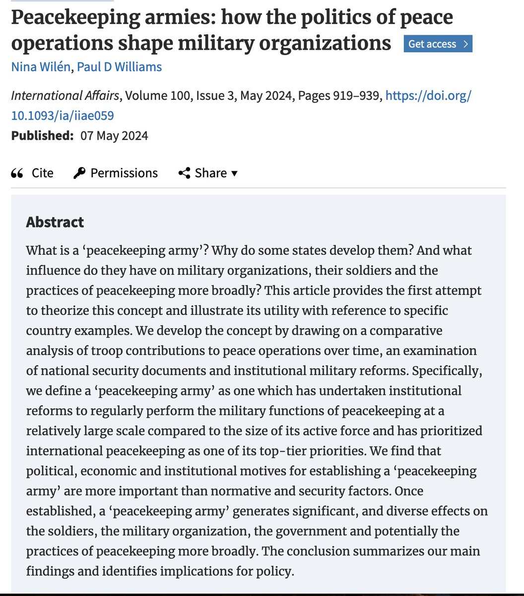 Nina Wilén (@wilennina) on Twitter photo 𝐈𝐭 𝐢𝐬 𝐨𝐮𝐭!📣
❓What is a #peacekeeping army?
❓Why do some states develop them?
❓What influence do they have on #military organizations, their soldiers & peacekeeping more broadly?
@PDWilliamsGWU & I address these❓in our new <a href="/IAJournal_CH/">International Affairs</a> ▶ academic.oup.com/ia/article-abs… 🧵 𝐈𝐭 𝐢𝐬 𝐨𝐮𝐭!📣
❓What is a #peacekeeping army?
❓Why do some states develop them?
❓What influence do they have on #military organizations, their soldiers & peacekeeping more broadly?
@PDWilliamsGWU & I address these❓in our new <a href="/IAJournal_CH/">International Affairs</a> ▶ academic.oup.com/ia/article-abs… 🧵