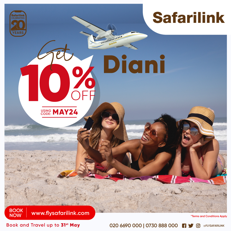 Escape to Diani Beach with Safarilink! 🏝️Book your flight today and discover white sandy beaches, crystal-clear waters, and ultimate relaxation. Your dream getaway is just a flight away! ✈️🌊 #Safarilink #DianiBeach #TravelWednesday #BeachVibes #FlyWithUs