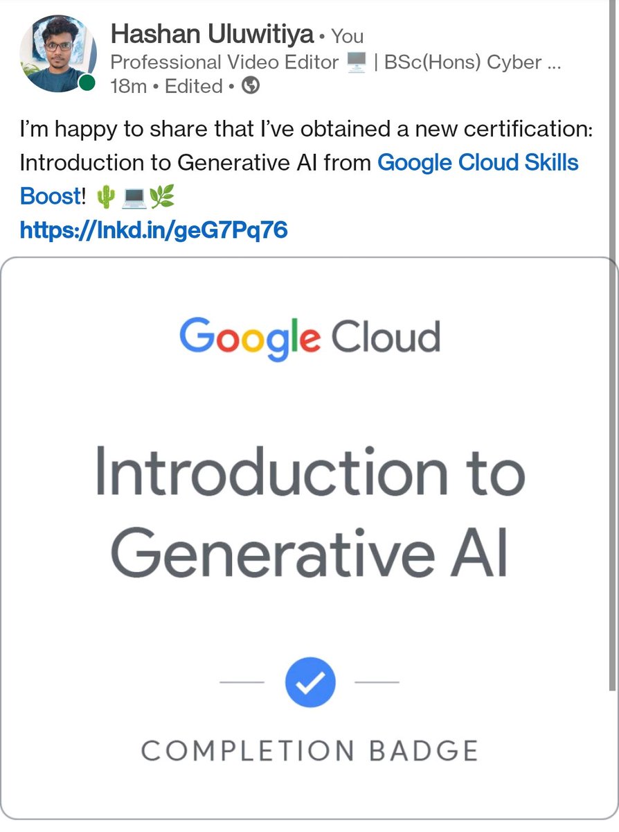 HashOrigin's tweet photo. Just finished 2 New Ai certificates offered by Google Cloud Skill Boost 💚🌿
#Generative_AI #LLM https://t.co/e6zBL4WwP6