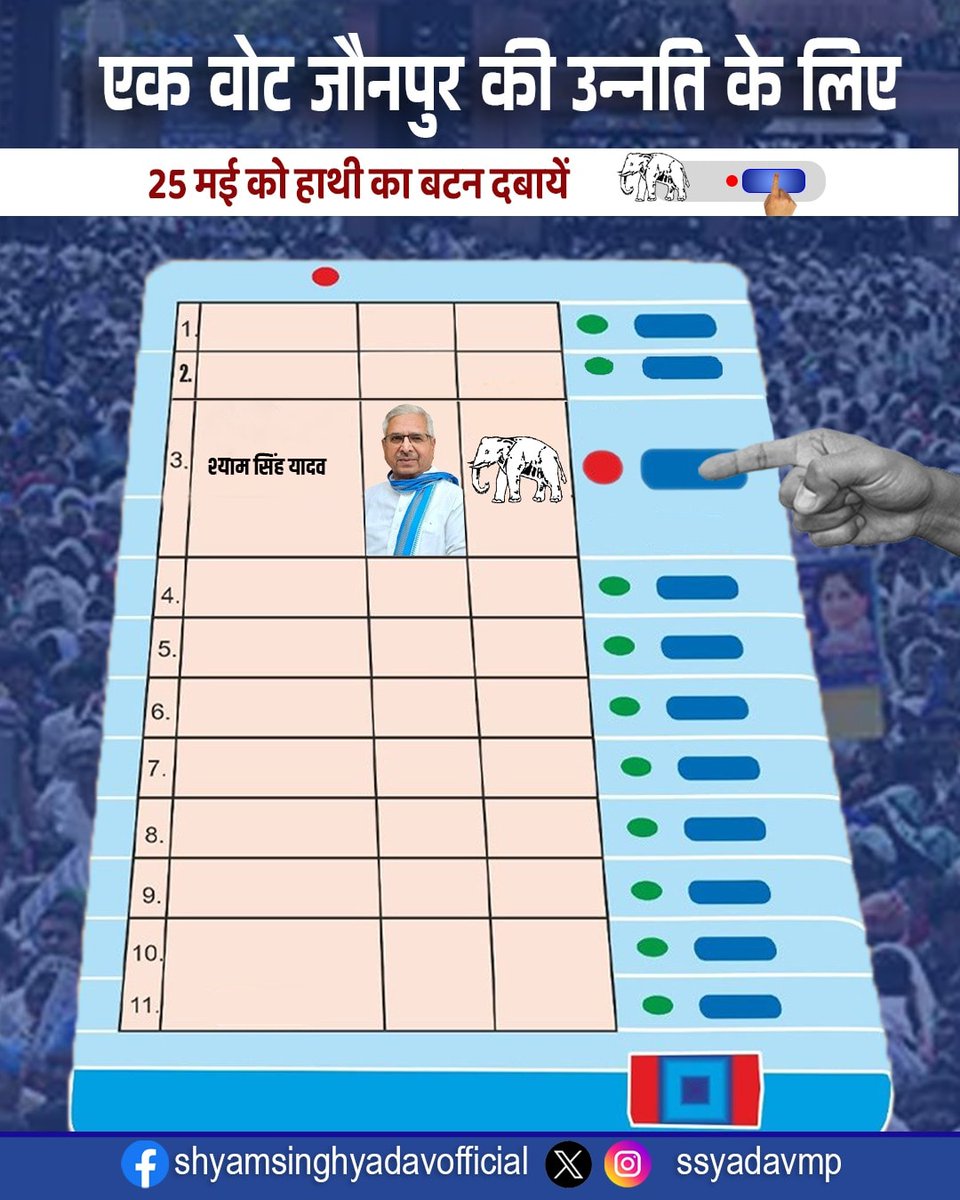 जौनपुर के जीत की पहचान 
EVM पर तीसरा बटन हाथी निशान का।

इसको अधिक से अधिक शेयर करें।

#shyamsinghyadav #mayawati #loksabhaelection2024 #election #loksabha #मायावती #2024loksabhaelections #2024election #bahujansamajparty #bsp #बहुजन_समाज_पार्टी #वोट #evm