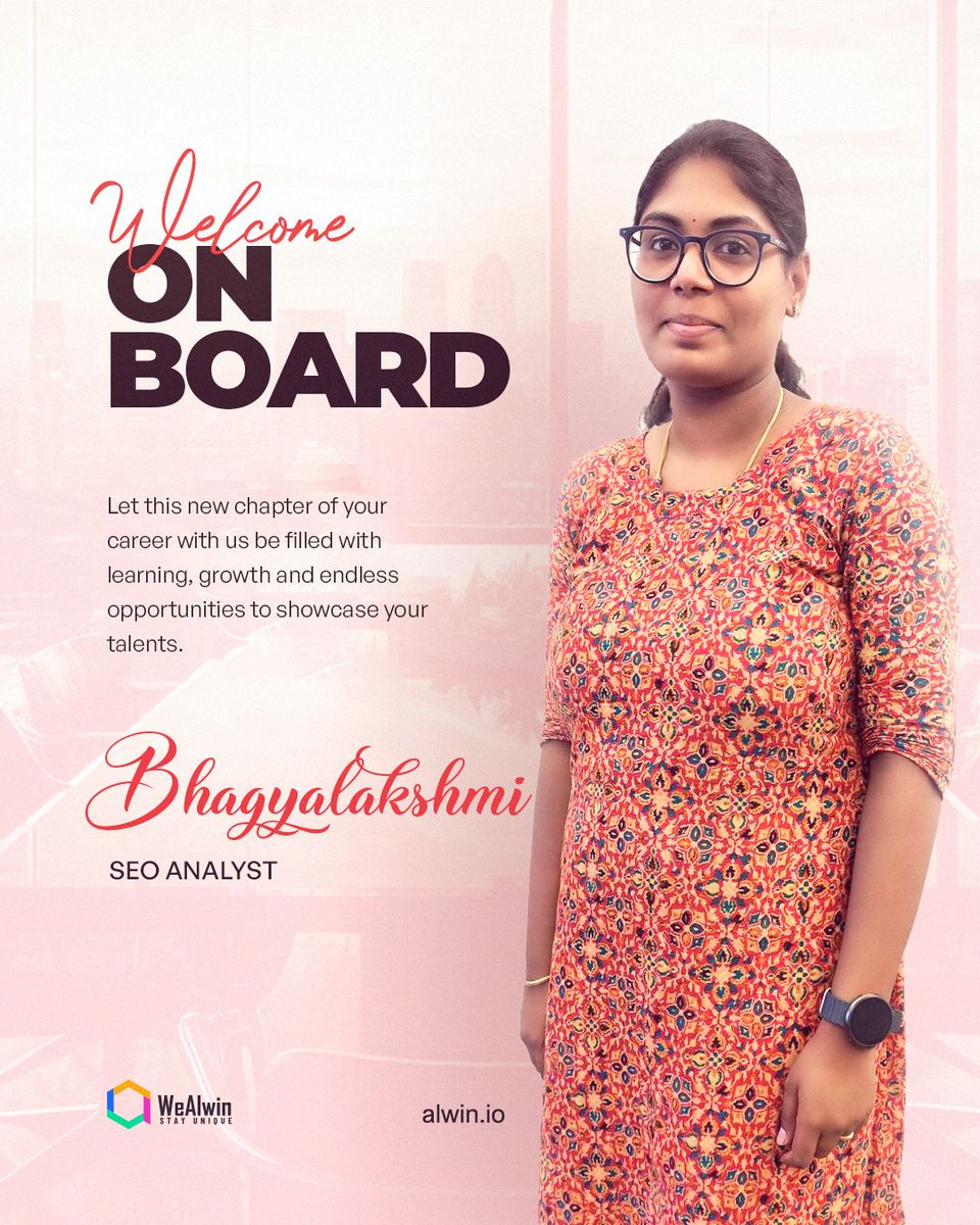 Welcome Miss. Bhagyalakshmi
💼 We are excited to announce a new addition to our hashtag#team! Let's give a warm hashtag#welcome to our latest hashtag#teammember

Follow @alwintechnology

#wealwin #welcomeonboard #newbeginnings #growthopportunities #teamexpansion