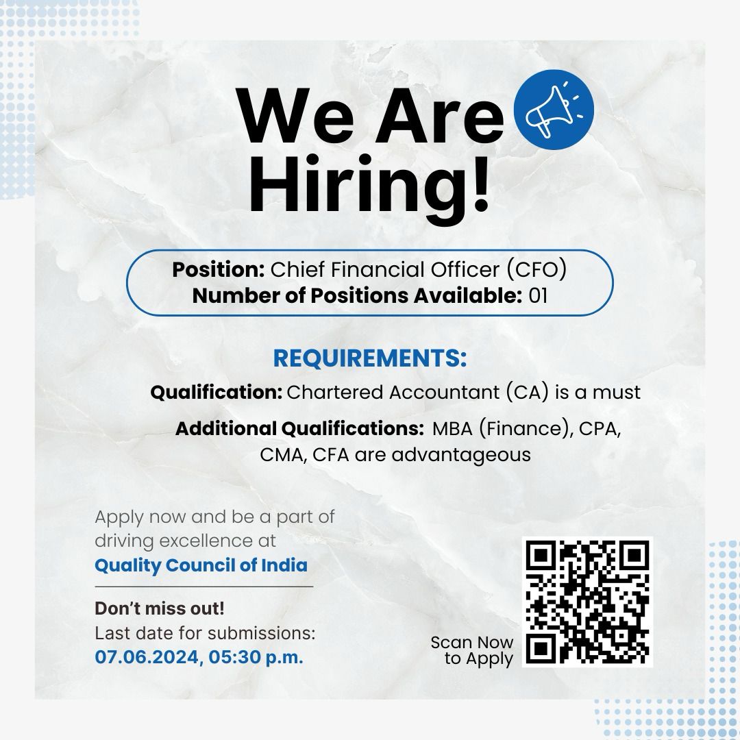 Quality Council of India invites applications for the position of Chief Financial Officer. We are looking for a Chartered Accountant with advanced qualifications such as an MBA (Finance), CPA, CMA, or CFA, along with a demonstrated history of excellence in financial leadership.