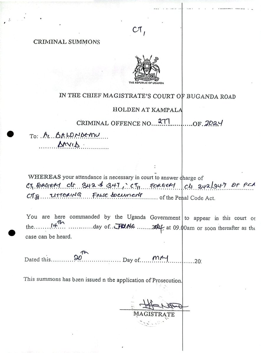 The Buganda Road Chief Magistrates Court has summoned counsel Balondemu David and the doctor who forged his medical documents to appear in court on 14th June, 2024.
@AntiGraft_SH
@IGGUganda @CID1_UG @PoliceUg #ExposeTheCorrupt