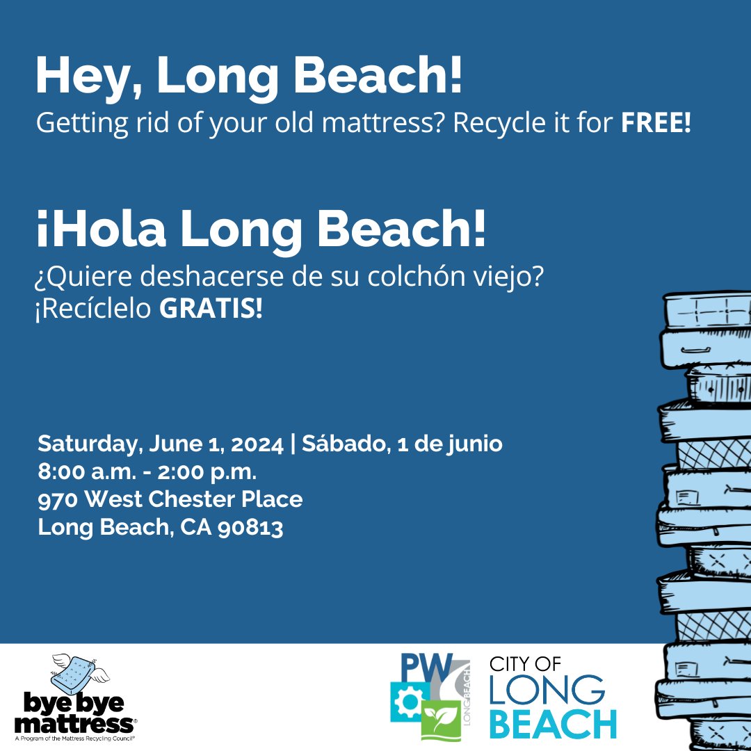 In collaboration with @byebyemattress we will be collecting used mattresses from @longbeachcity residents on 6/1/24 from 8am-2pm at 970 West Chester Pl 📍 This is the perfect way to recycle them so they can be reused for a new purpose. @lbrecycles #LBSpringCleaning