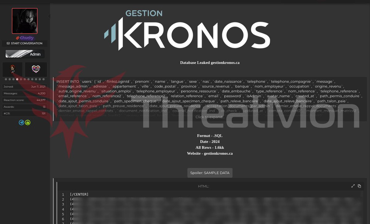 🚨 Alleged Leak of Gestion Kronos Database Chucky, a popular threat actor, claimed on a dark web forum that he had leaked a 1.6 million row database file belonging to Gestion Kronos. Gestion Kronos is a Quebec-based company that provides comprehensive management services for