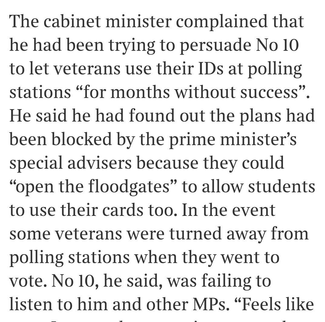 Johnny Mercer has let the Tory cat out of the bag...in a leaked email @thetimes he claimed that No 10 blocked veteran IDs for voting because it could “open the floodgates” for students to use their ID 

CONCLUSION 
Tories don't want everyone to vote.
Tories don't believe in a