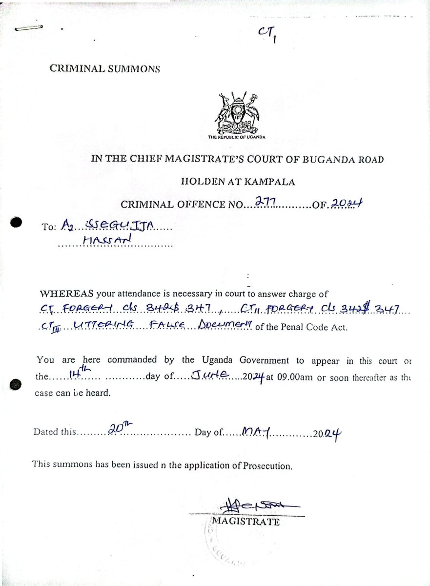 The Buganda Road Chief Magistrates Court has summoned counsel Balondemu David and the doctor who forged his medical documents to appear in court on 14th June, 2024.
Many thanks to @AntiGraft_SH
#ExposeTheCorrupt