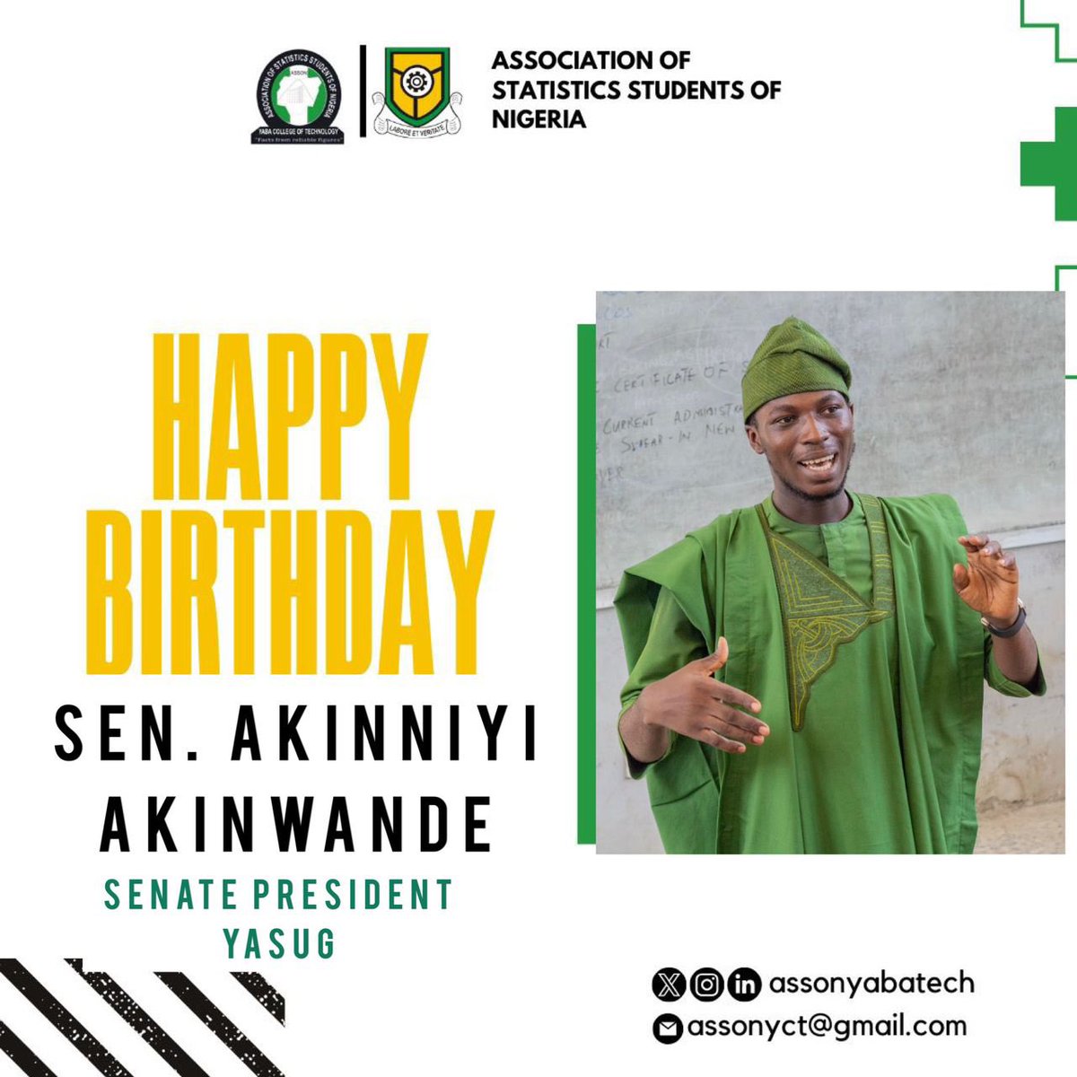 AYabatech6933's tweet photo. Happy Birthday to you sen. Akinniyi Akinwande Prosper! 🎉🎉
Another year older, another year wiser. 
Wishing you a day filled with joy, laughter, and all the things that make you smile.
Cheers to many wonderful years ahead!"🎉🎉#statistics #datanalytics #ASSON https://t.co/lzDQ5DkwEx