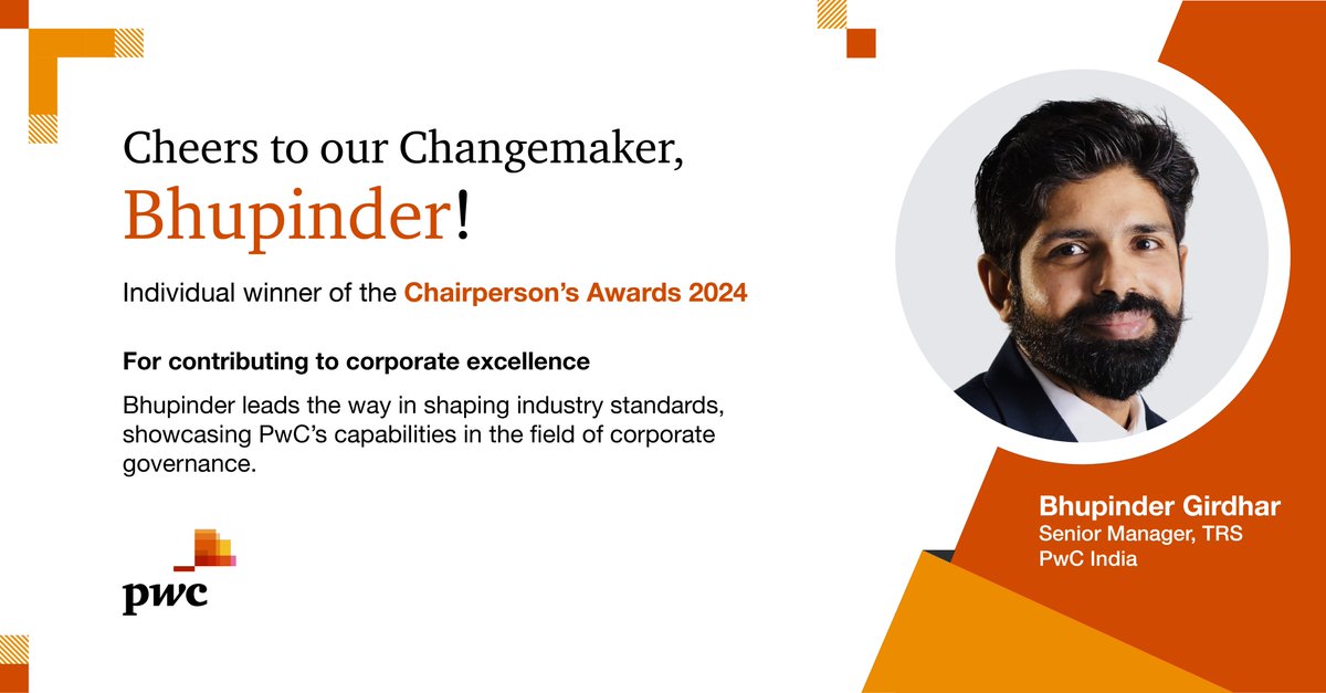 We’re #PwCProud to recognise Bhupinder through the #ChairpersonsAwards for driving industry change as a key player in crafting the latest guidebook on corporate governance. #ChangemakersAtPwCIndia #TogetherWeFuture #TogetherWeSolve